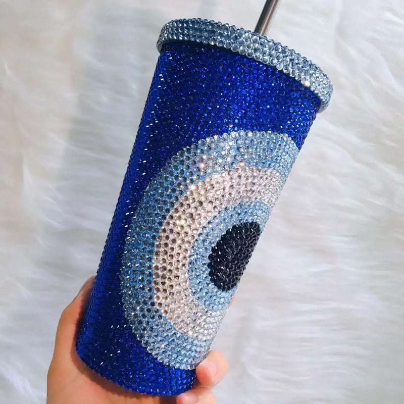 Copo Térmico de Strass com Canudo Olho Grego - 500ml